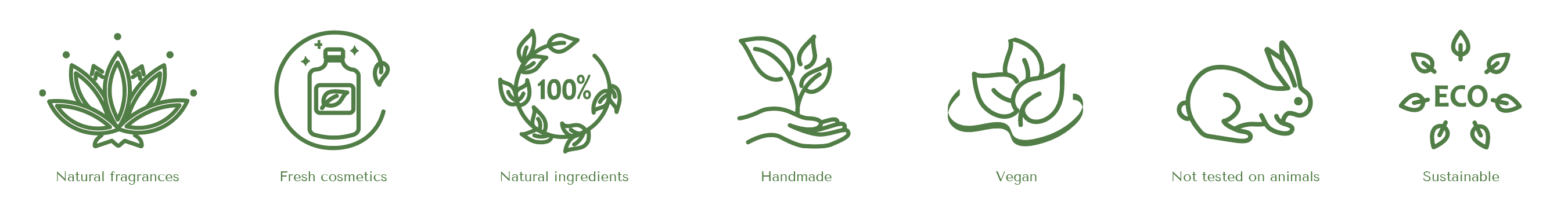 Icons for products being handmade, 100% natural, sustainable, vegan, cruelty-free, fresh cosmetics with natural fragrances