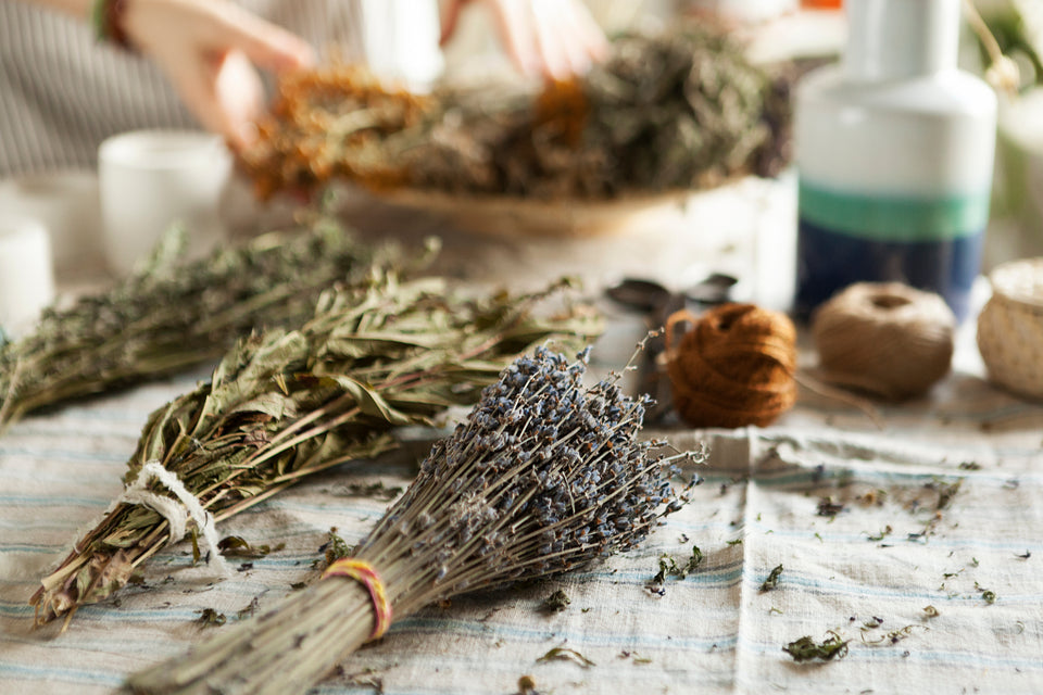 Dried herbs on a table, woman sorting them